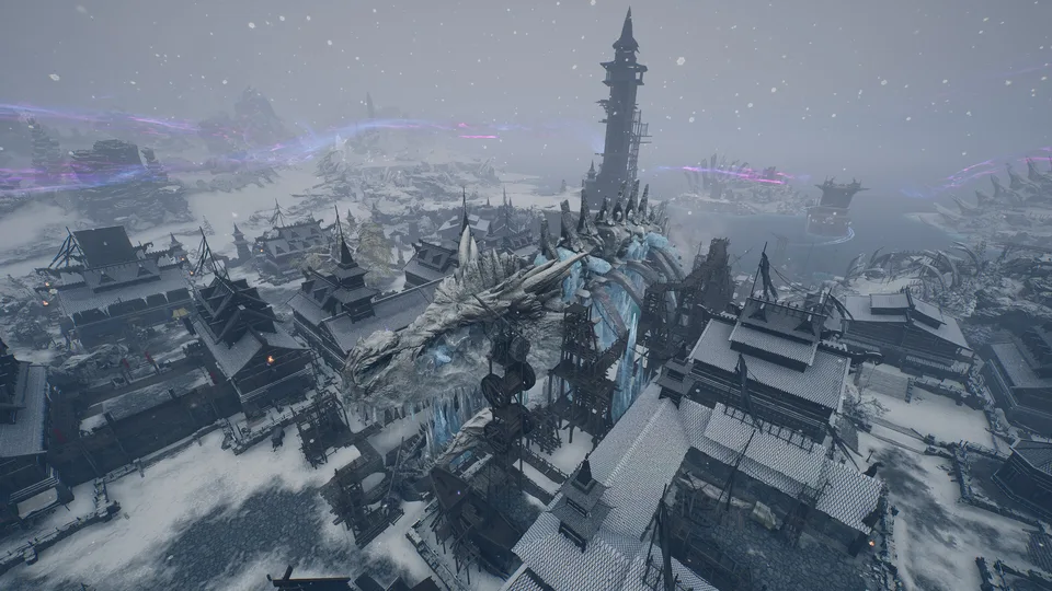 Snow-covered fantasy city vista in Throne and Liberty