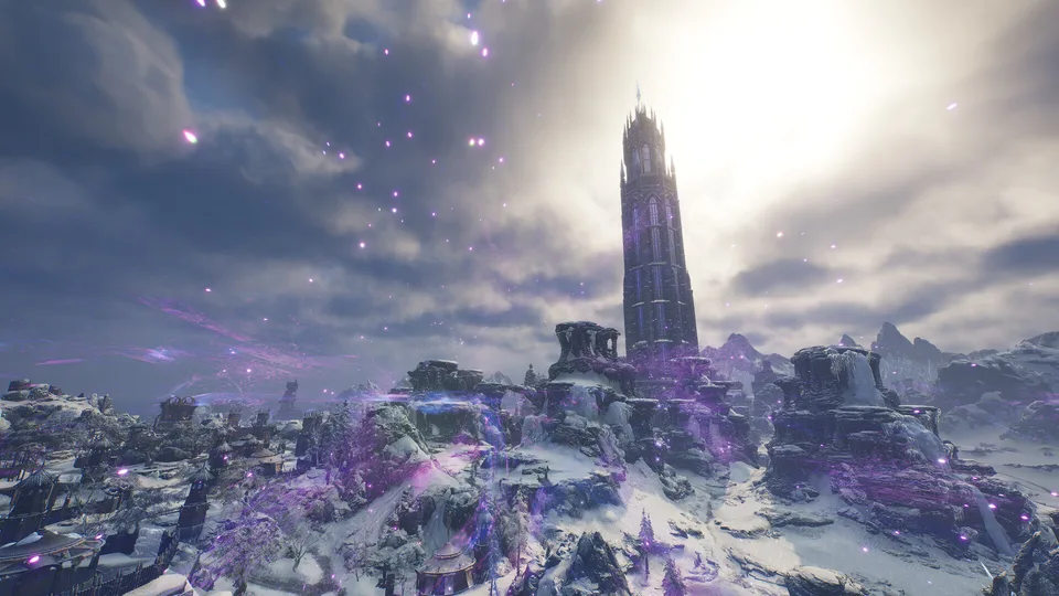A dark fantasy tower looming over the world of Solisium in Throne and Liberty